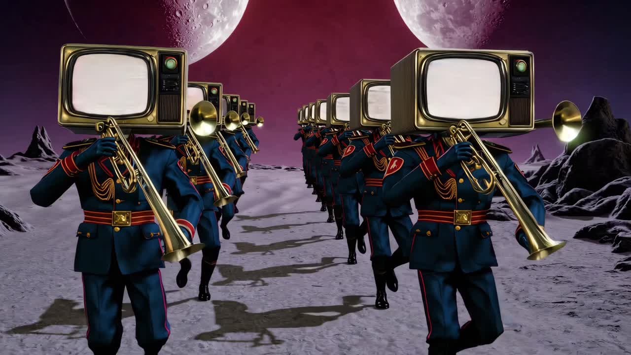 달 위에 행진하는 tv 헤드와 함께 레트로 군인