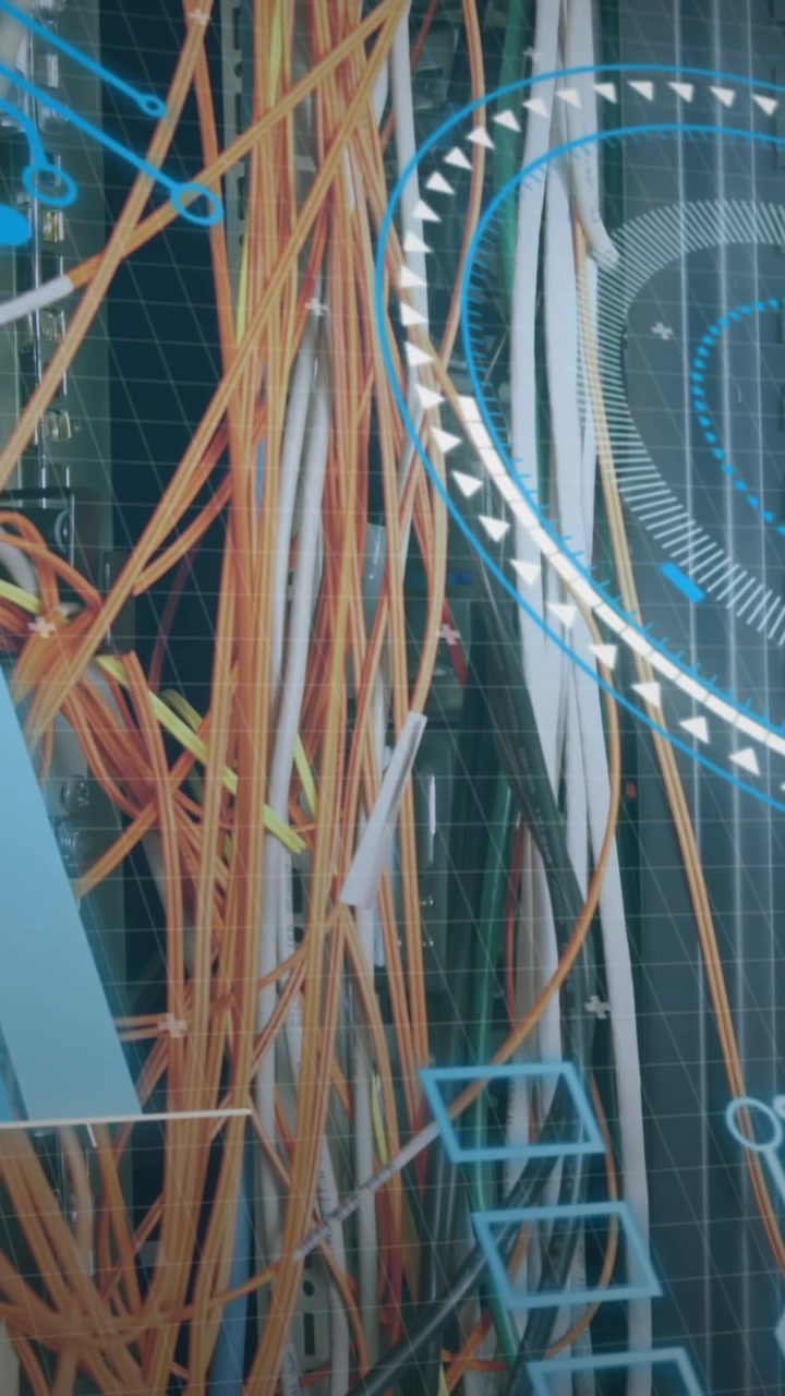 Animazione di interfaccia digitale su sala server.