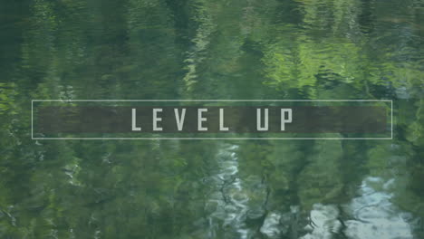 level up text animation reflecting on green water surface with ripples