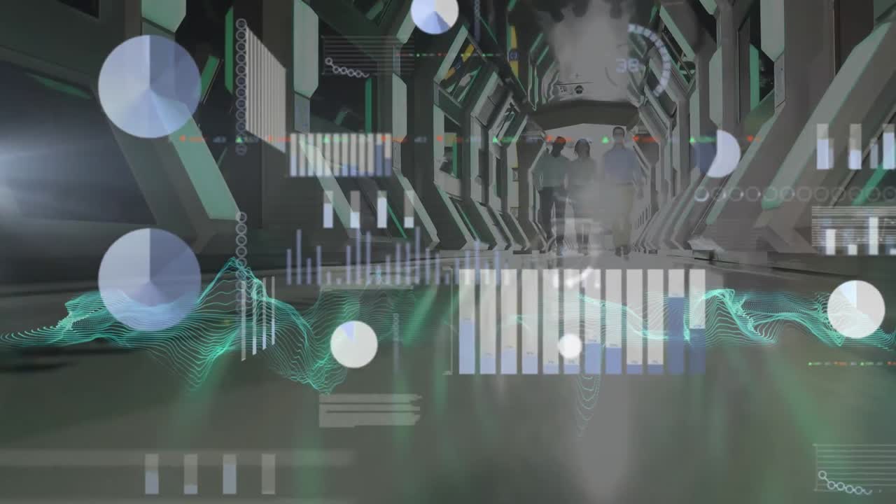 데이터 프로세싱과 디지털 파동이 있는 다중 스크린이 컴퓨터 서버  ⁇ 에서  ⁇ 고 있는 사람들 위에 있습니다.