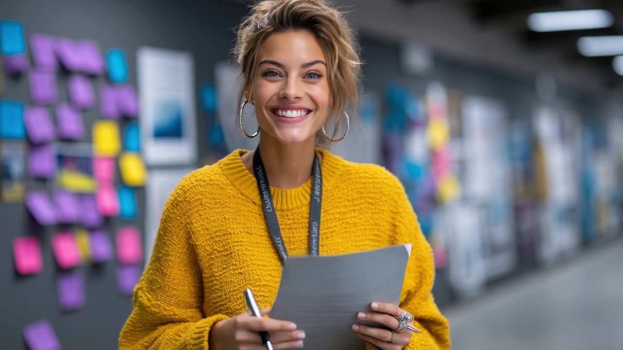 Focused woman in a yellow sweater writing on a clipboard in a creative office space