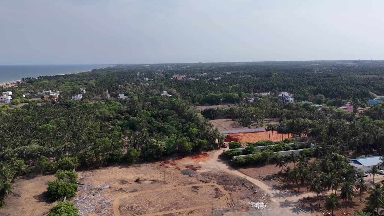 Aerial footage of tranquil rural coastline in South India. The scene is dominated by a dense, verdant canopy of coconut and palm trees that stretches inland from a pristine sandy beach on the left