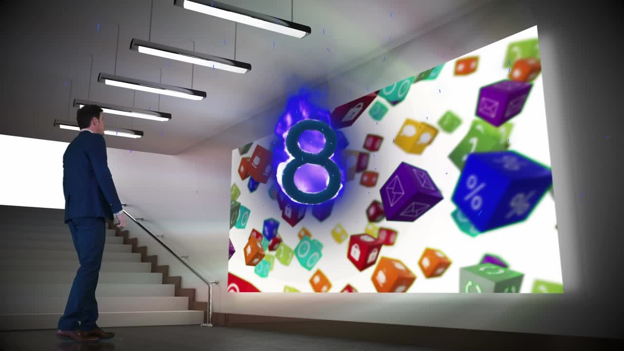 Multiple message icons floating over hanging heart social media icons over businessman thinking face