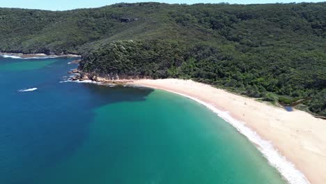 drone aerial shot of maitland bay bouddi national park bushaldn coastline ocean beach swimming holiday spot tourism travel nsw central coast australia 4k