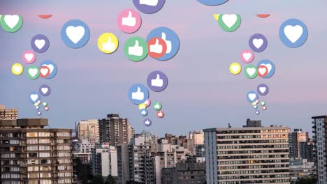 city with tall buildings and flying social media icons