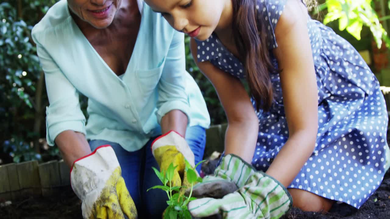 abuela y nieta plantando plantas