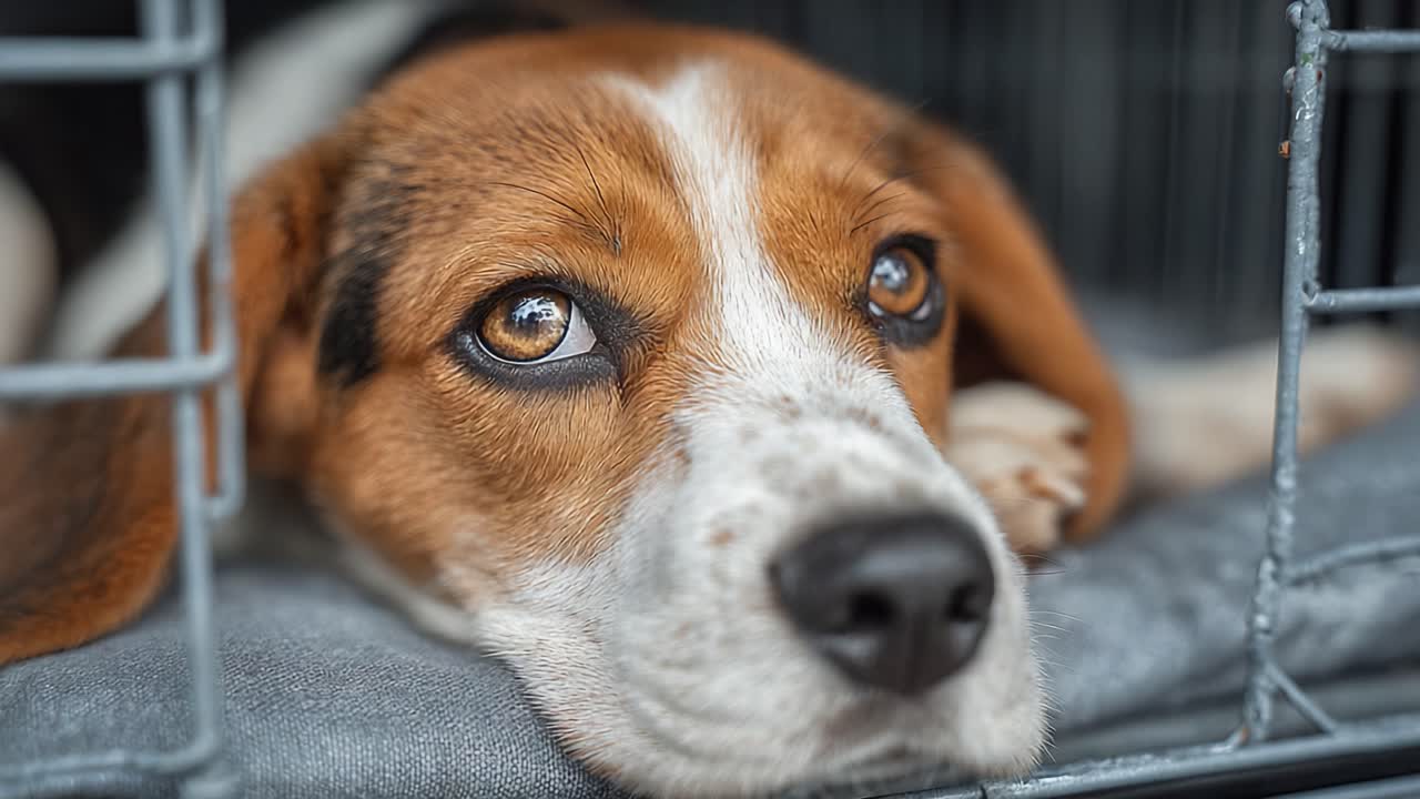 A Beagle's Expressive Eyes: Capturing the Heartfelt Emotions of a Dog at Rest in Its Crate