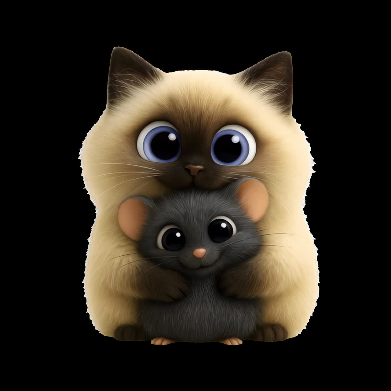 Adorable cat hugging mouse animation isolated asset, transparent 4K video, alpha channel, ProRes