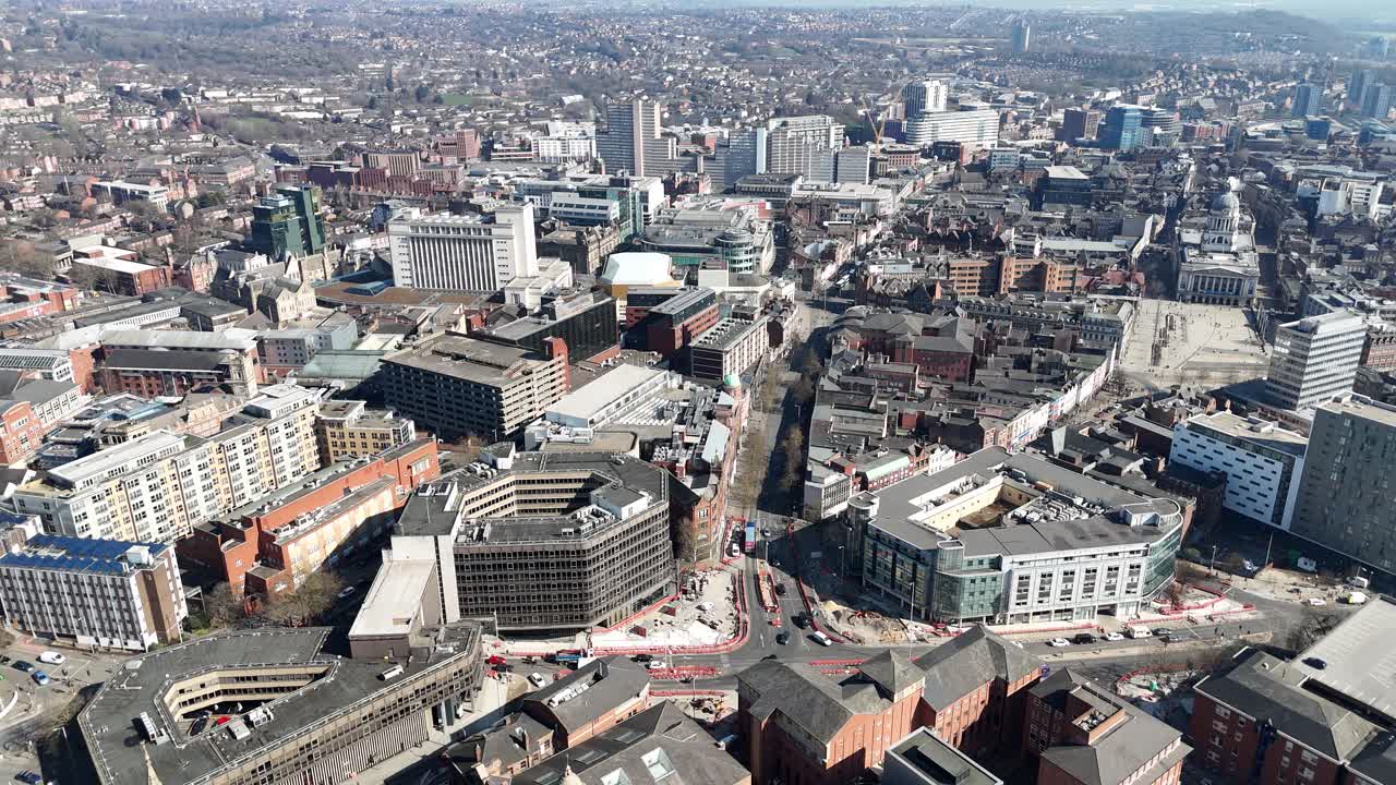 Establishing aerial shot Nottingham City centre UK
