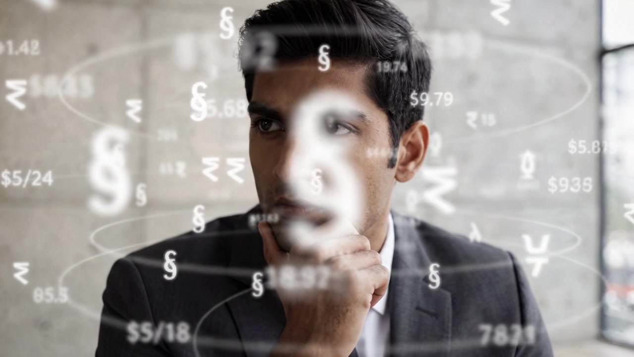 Contemplation and Analysis: A Man in a Suit Deep in Thought Amidst Financial Data and Currency Symbols, Reflecting on Economic Decisions and Strategies