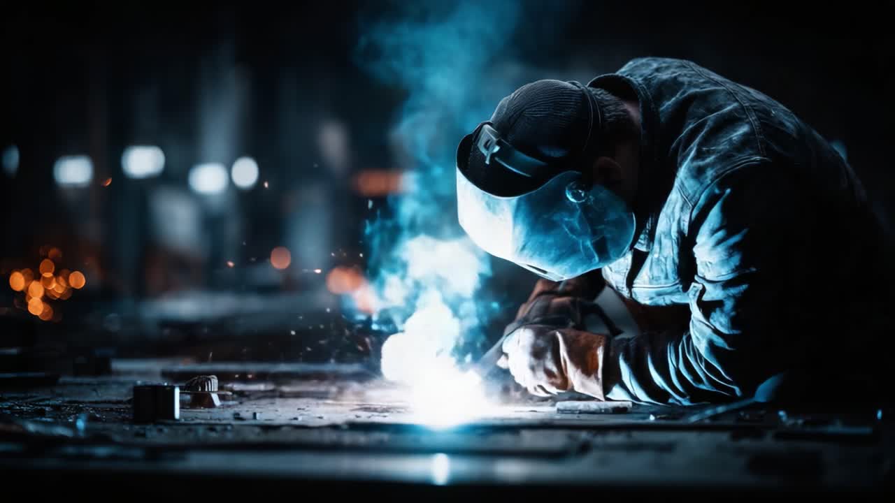 Craftsmanship Under Fire: A Skilled Artisan Engages in Precision Welding, Creating Sparks and Light in a Dimly Lit Workshop Environment