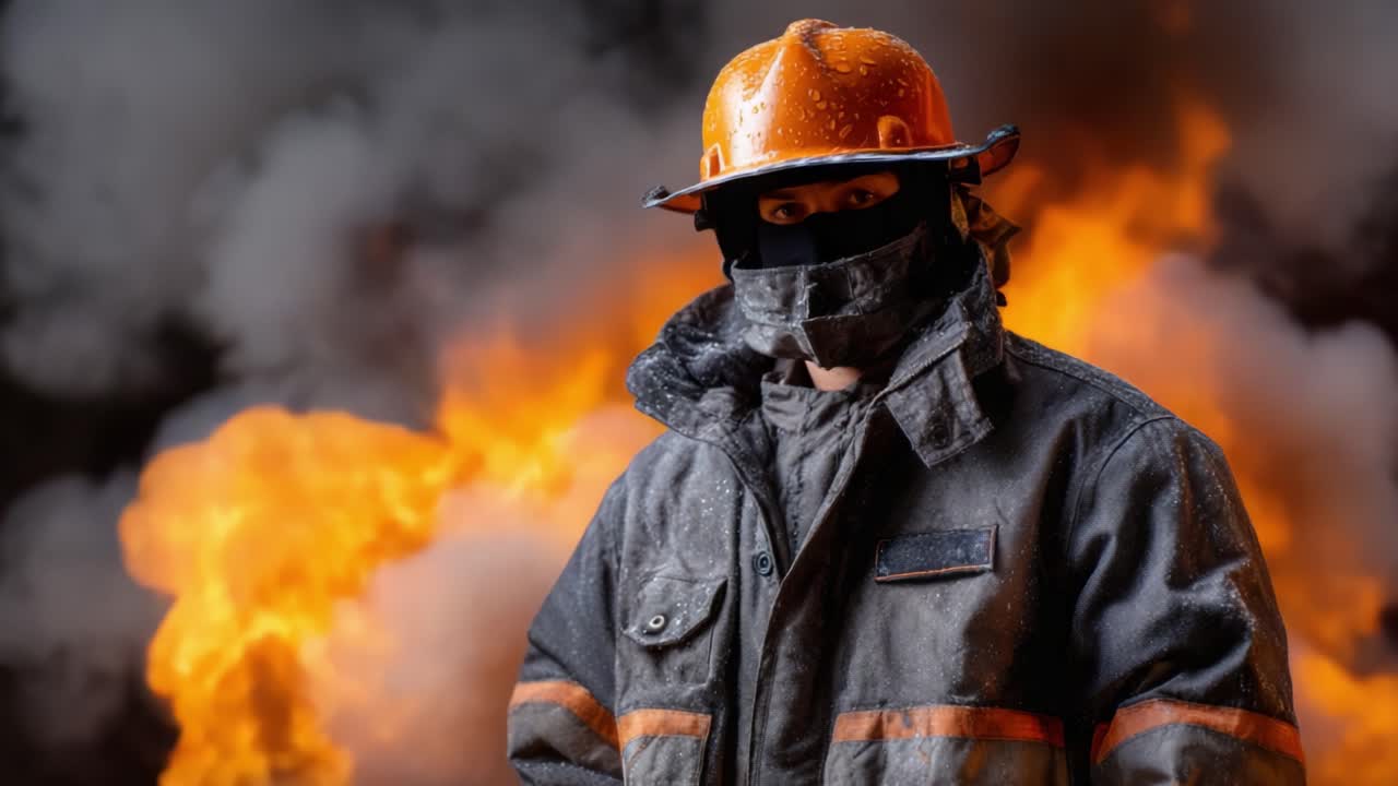 Dynamisk Billedsprog af en Brandmand i Beskyttelsesudstyr Står mod en Baggrund af Flammer, der Fanger Intensiteten og Modet ved Nødberedskab i et Farligt Miljø