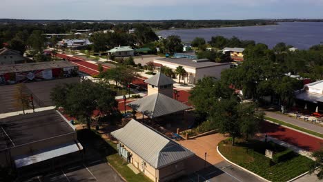 Drone-orbit-around-city-official-buildings-in-downtown-historic-Clermont-Florida-on-the-lake