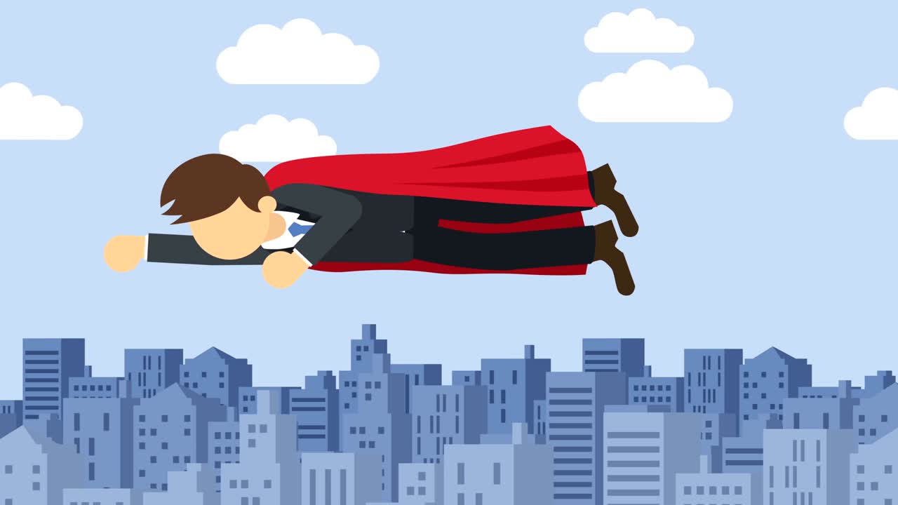 super héroe hombre de negocios volando en traje y capa roja. liderazgo y concepto de logro. ilustración de bucle en estilo plano.