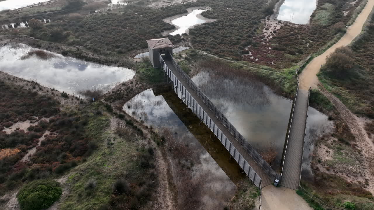 pasarela de observación de madera sobre humedales, reflejos del cielo nublado en la superficie del agua, vista aérea en órbita