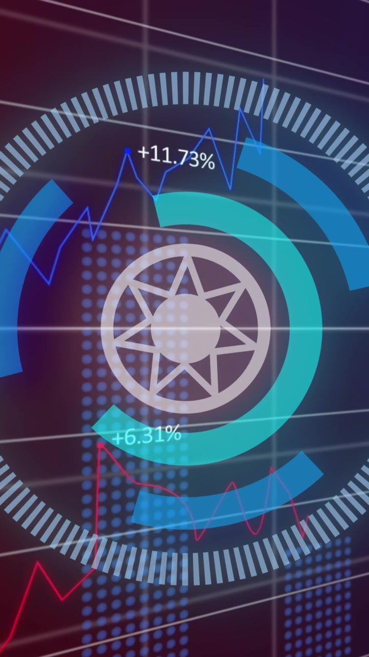 Animazione di scanner circolare che gira su elaborazione di dati statistici su sfondo sfumato.