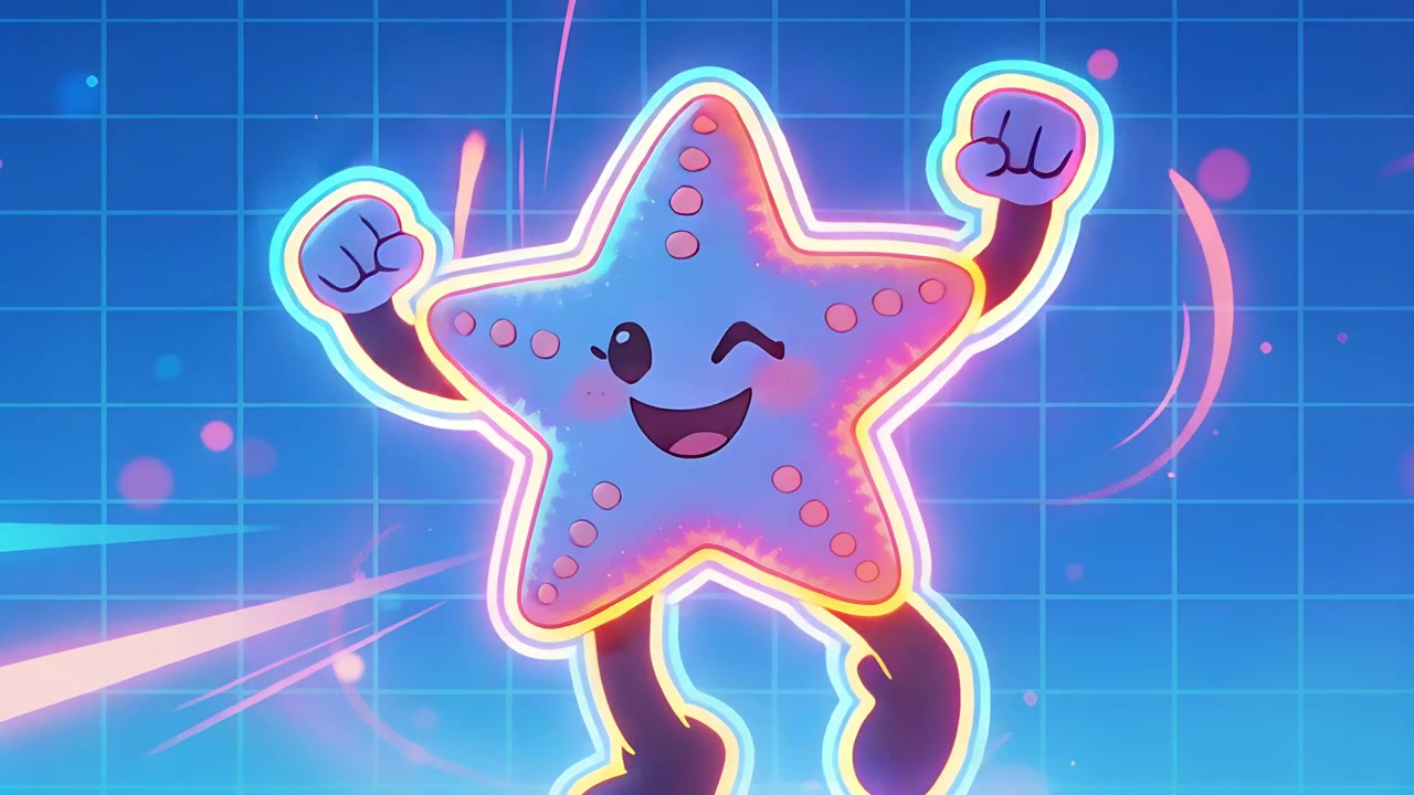I fotogrammi iniziano, una stella che salta si esibisce, ruotando e posizionandosi in una griglia al neon con guanti e stivali.