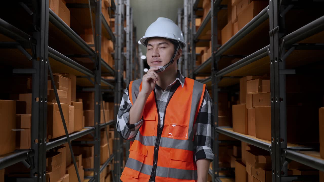Asian Male Engineer With Safety Helmet Standing In The Warehouse With Shelves Full Of Delivery Goods. Thinking About Something And Looking Around In The Storage