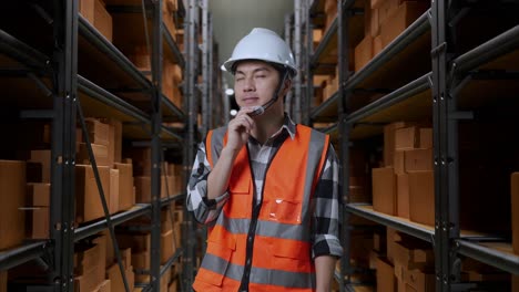 asian male engineer with safety helmet standing in the warehouse with shelves full of delivery goods. thinking about something and looking around in the storage