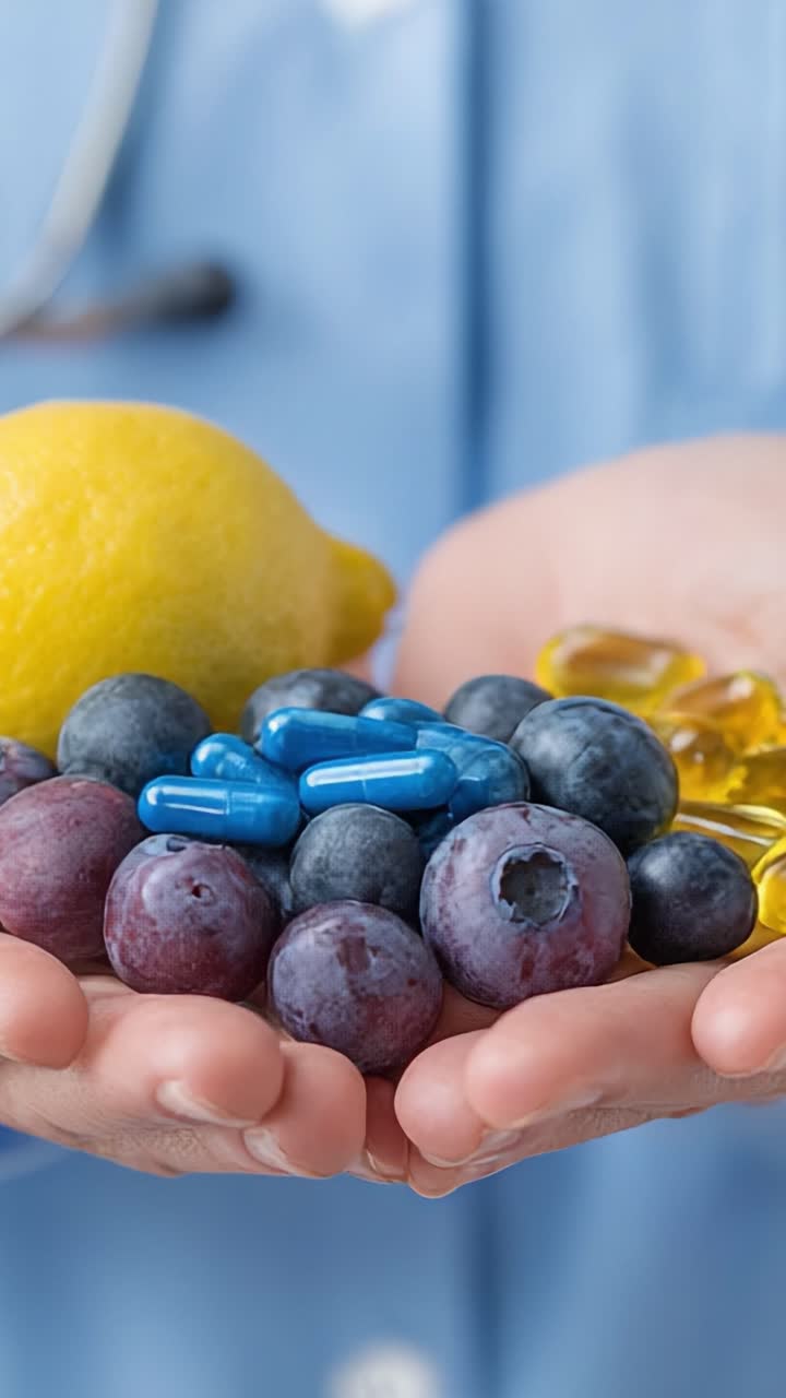 Un mix di salute: agrumi, frutti di bosco e integratori alimentari tenuti in mano, per sottolineare l'importanza di una dieta equilibrata e del benessere nella vita quotidiana