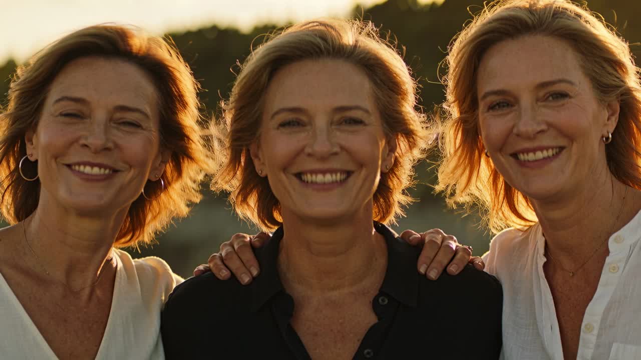 Três senhoras, passando de uma postura reservada para um sorriso, com as mãos iniciando a pose para um retrato com contraluz dourada.