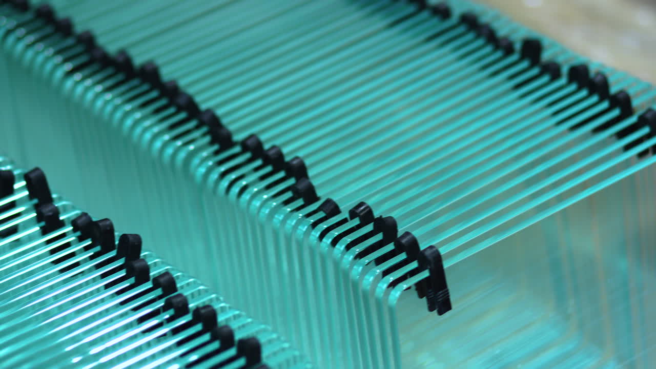 справа крупным планом сложенные в стопку стеклопакеты с прикрепленными сверху пластиковыми разделителями