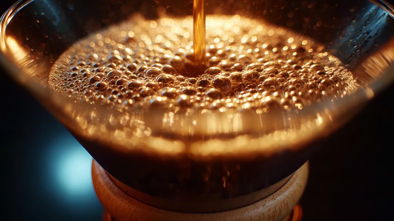 Tampilan Nah dari Pembuatan Kopi yang Kaya dengan Gelembung yang Terbentuk di dalam Filter, Diterangi oleh Pencahayaan Hangat, Menangkap Esensi dari Kopi yang Baru Diseduh