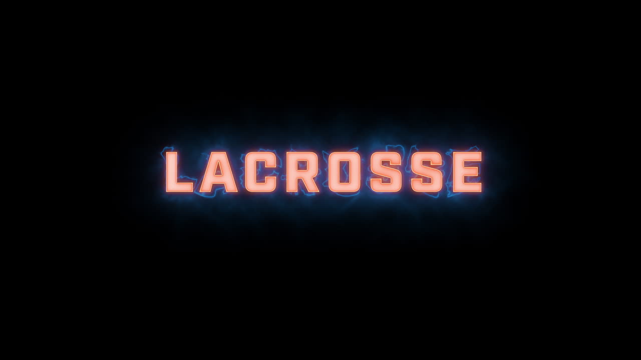 una breve revelación tipográfica en movimiento de alta calidad de las palabras "lacrosse" con varias opciones de color en un fondo negro, animada dentro y fuera con elementos eléctricos y brumosos
