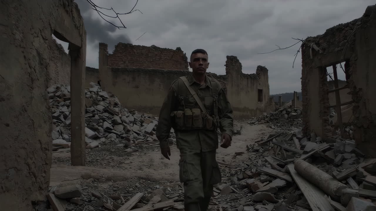 Soldier in War-Torn Ruins