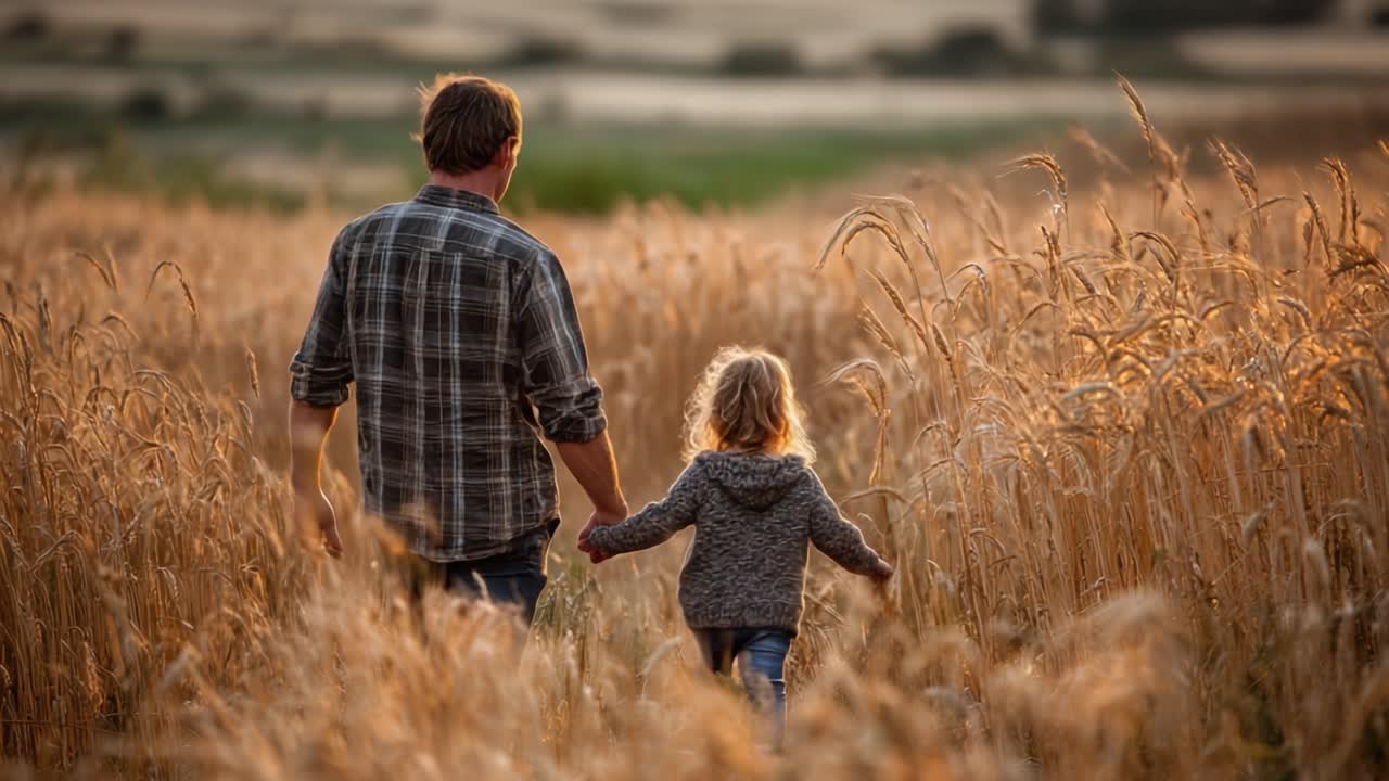 A Heartwarming Journey Through Golden Fields: A Father and Child Walk Hand in Hand as They Enjoy Nature's Beauty in a Serene Landscape