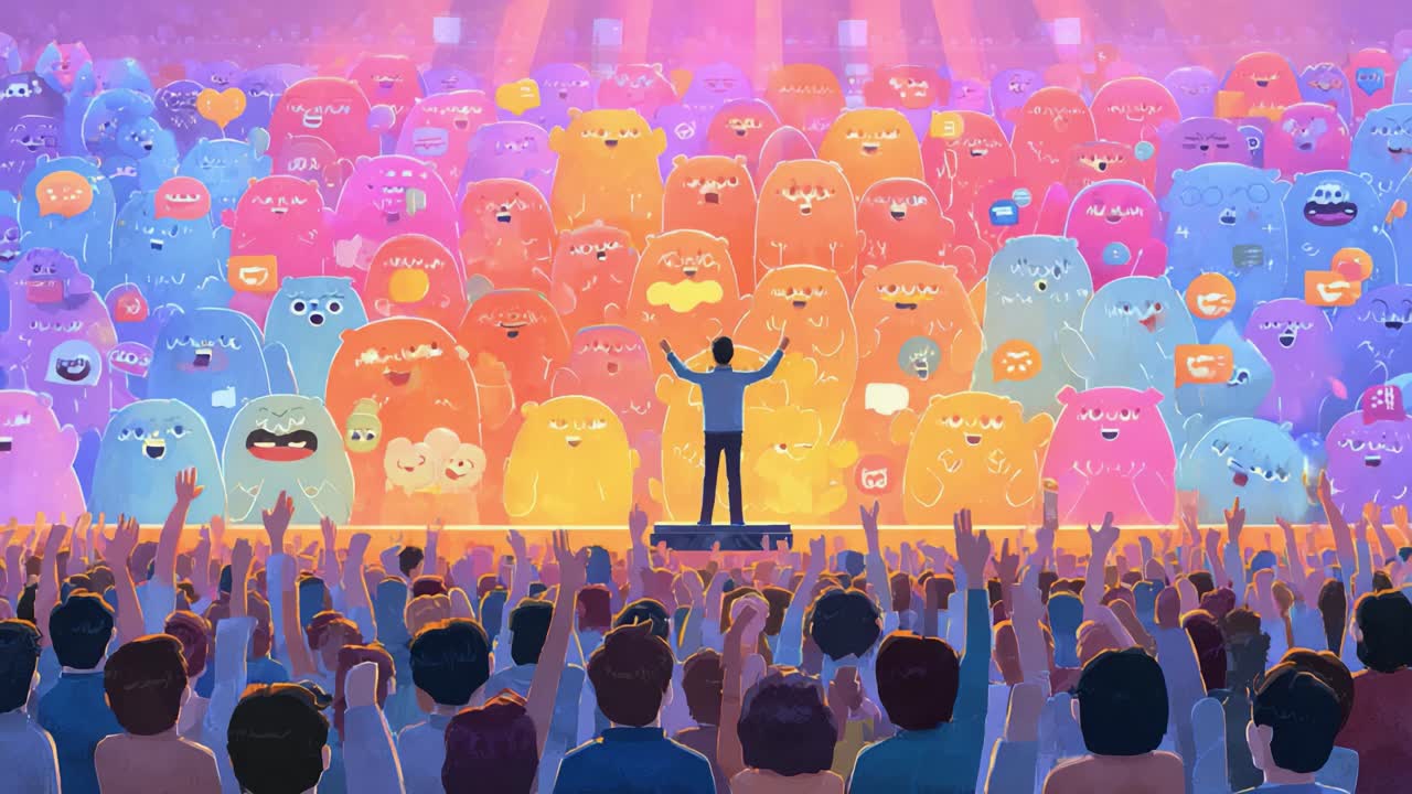 A Vibrant Scene of Enthusiastic Creatures Cheering on a Charismatic Speaker: A Captivating Display of Colorful Characters Representing Emotions and Digital Expression in a Lively Crowd Setting