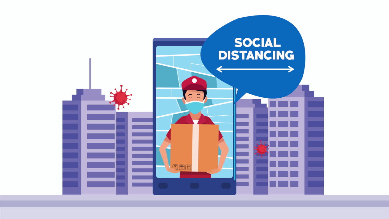 social distancing campaign with delivery worker in smartphone
