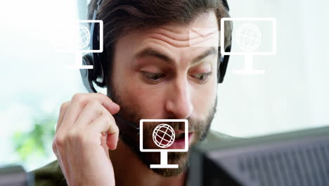 animación de iconos y datos sobre hombre de negocios caucásico con auriculares de teléfono en la oficina