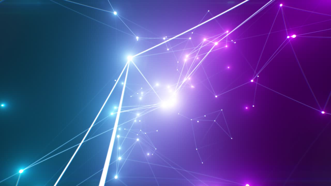 hermosas luces brillantes abstractas de colores púrpura y azul con conexiones de red en crecimiento en el ciberespacio sin problemas. animación en bucle 3d de con luces intermitentes.