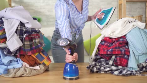young housewife chooses a steamer for ironing instead of an iron
