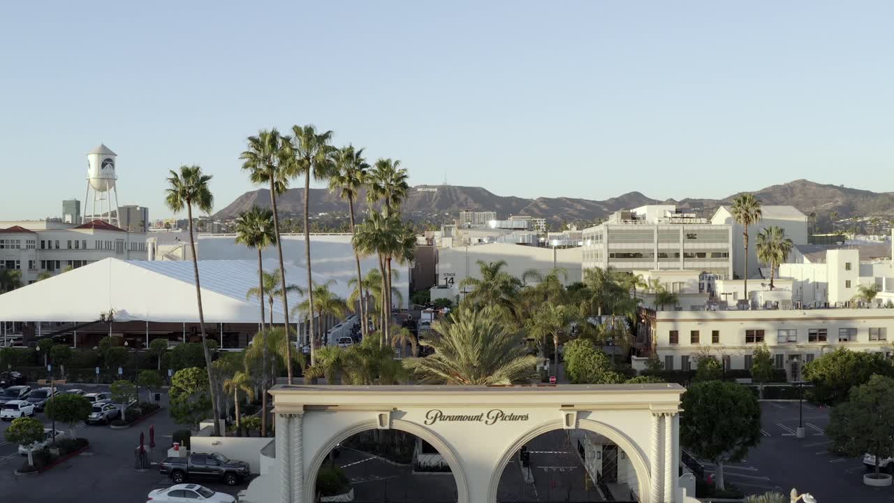 Paramount Pictures movie studio entrance, Hollywood, aerial reveal