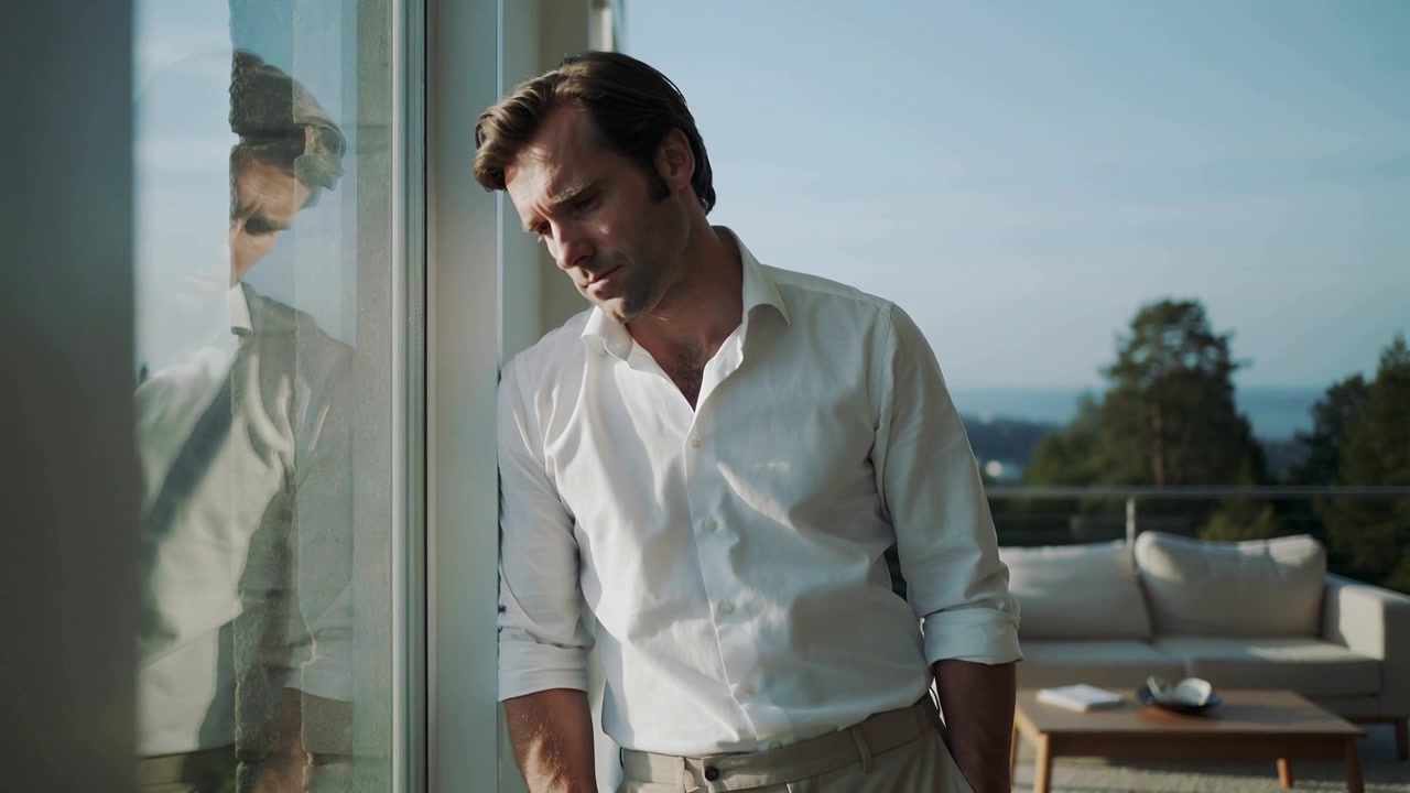 Uomo in camicia bianca che osserva, baciato dal sole, abbassando lo sguardo al riflesso del vetro, su una terrazza.