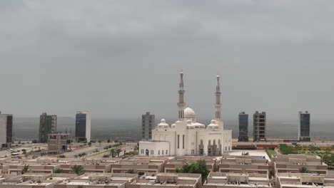 aerial footage of religious building in the middle of a neighborhood on an overcast day