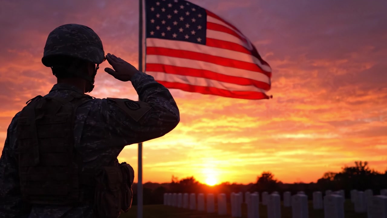 Un saluto solenne: Un soldato rende omaggio all'illuminazione al tramonto della bandiera americana in un tranquillo ambiente cimiteriale.