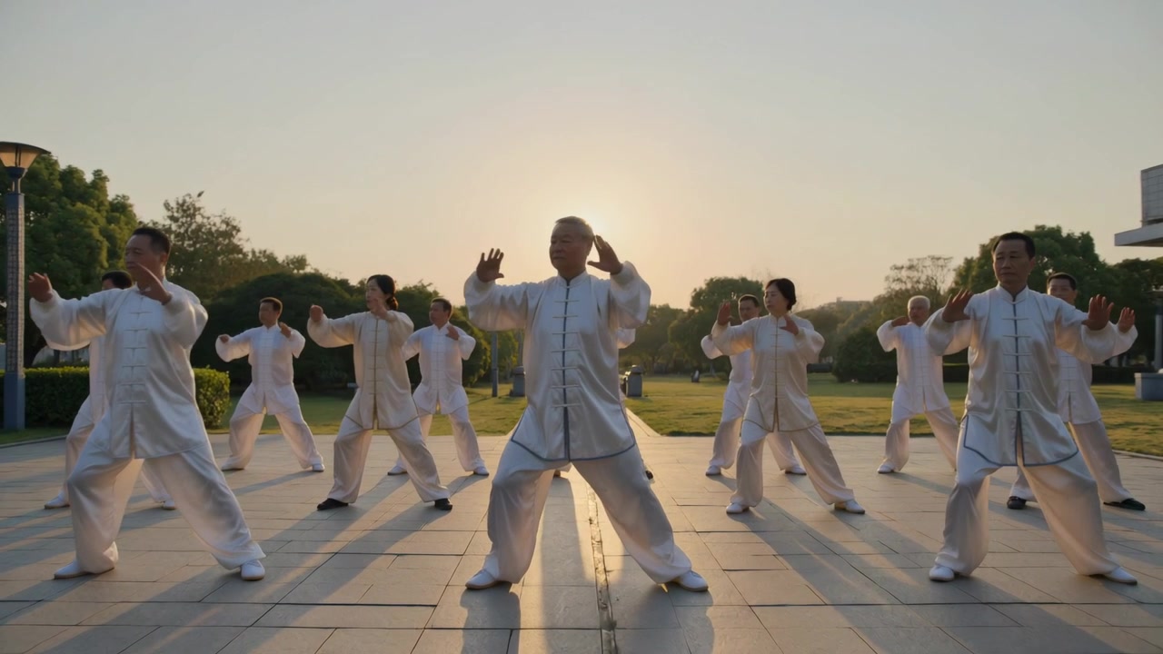 Kelas tai chi berlatih dengan seragam putih mengikuti isyarat pemimpin, bergerak luwes di plaza beraspal saat matahari terbit.