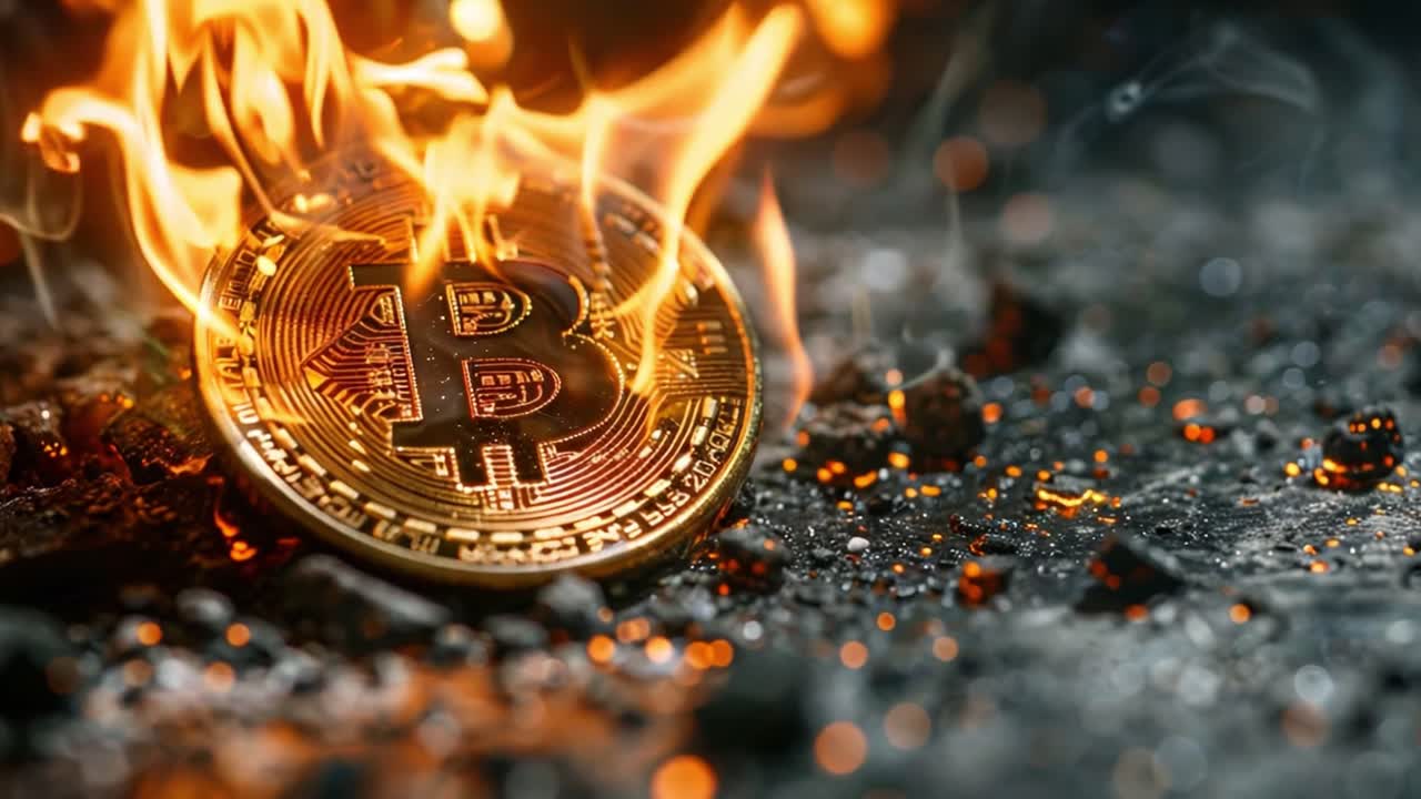 Burning Bitcoin Coin on Dark Ground with Embers