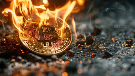 burning bitcoin coin on dark ground with embers