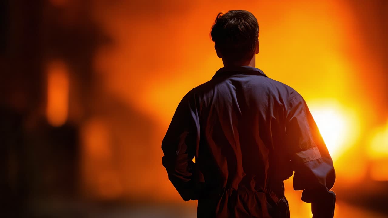 Una figura solitaria si erge contro uno sfondo di fiamme ardenti, riflettendo sull'ambiente circostante in un momento di contemplazione in mezzo all'inferno infuocato.