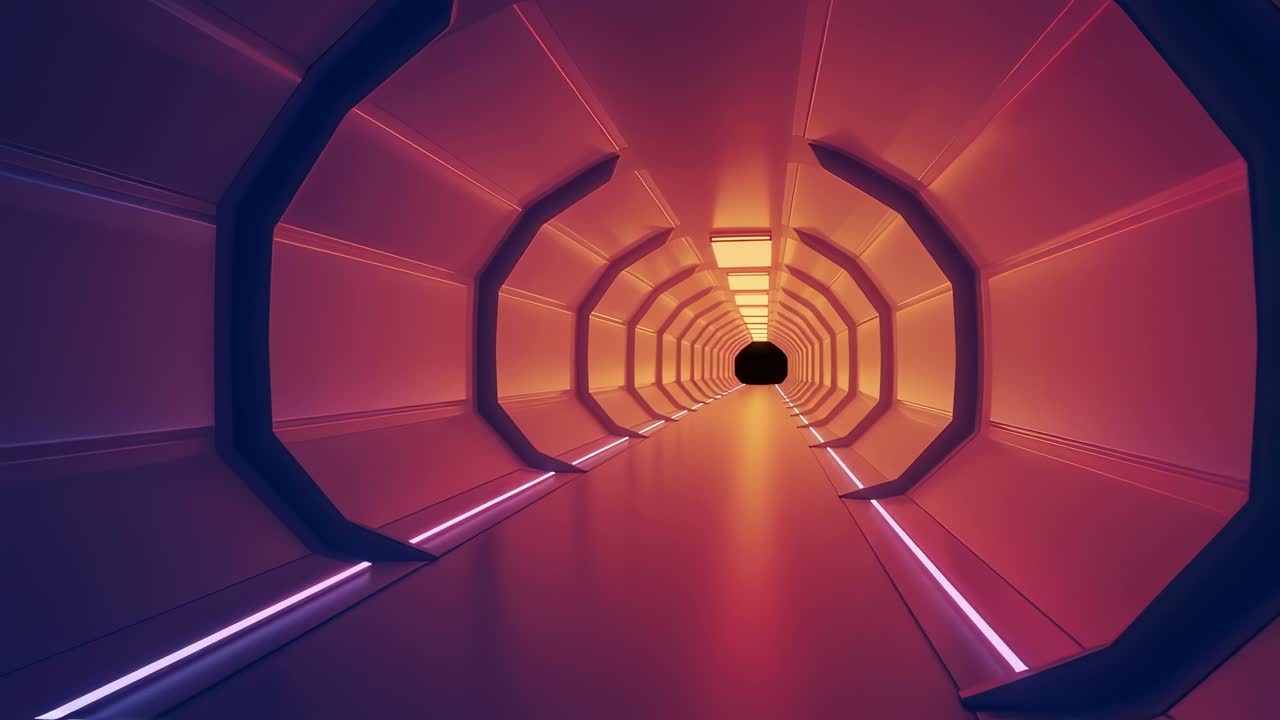 Exploring a futuristic tunnel filled with vibrant colors and ambient lighting effects in a sci-fi inspired environment