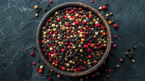 close up of peppercorns in a wooden bowl on a black background.