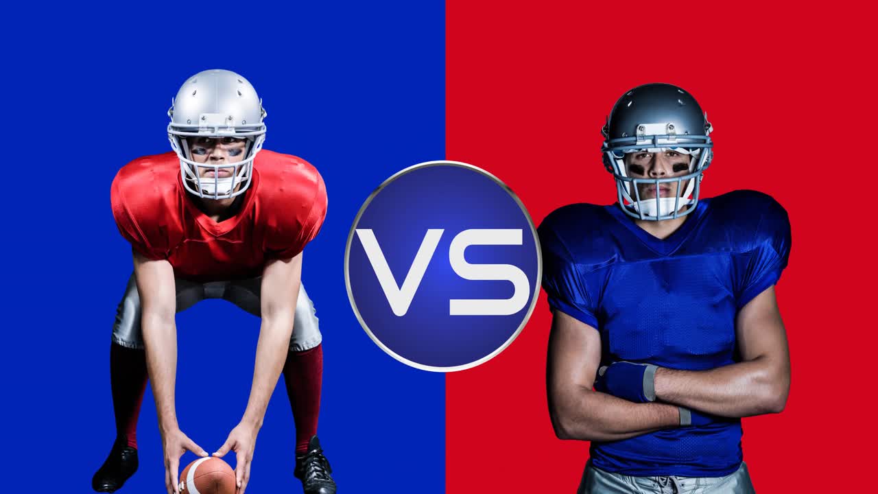 Animation of vs text over american football players from two teams on red and blue backgrounds