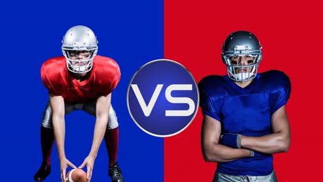 animation of vs text over american football players from two teams on red and blue backgrounds