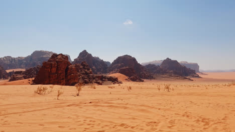 pan across golden sand with sparse shrubbery, typical wadi rum vista