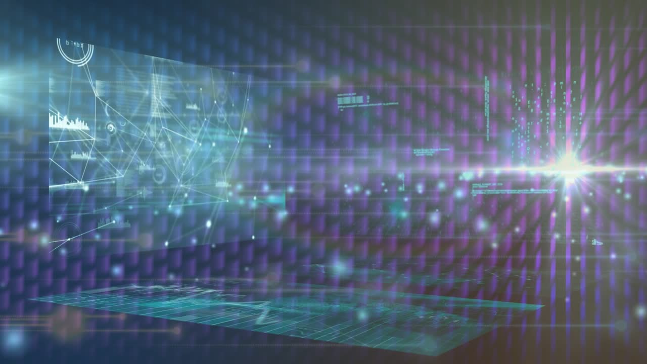 Animation of diverse data on screens in black space with blue lights