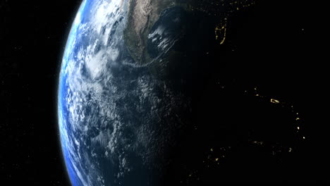 una representación cinematográfica del planeta tierra durante el amanecer como vista desde el espacio con una atmósfera de cielo azul vibrante